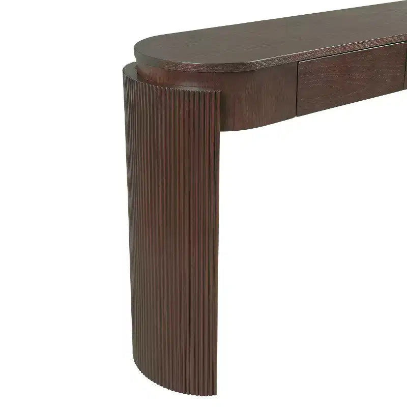JVNOXK Console d'entrée avec plateau ovale et 2 tiroirs, finition grain de bois naturel cannelé, adaptée au salon, brun expresso