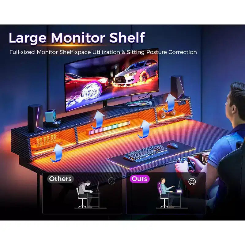 BALHAM TRADE – Bureau de jeu LED de 40 pouces avec prises de courant, petite table d'ordinateur, support de moniteur flottant
