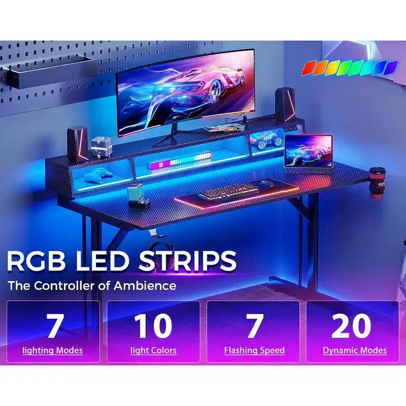 BALHAM TRADE – Bureau de jeu LED de 40 pouces avec prises de courant, petite table d'ordinateur, support de moniteur flottant
