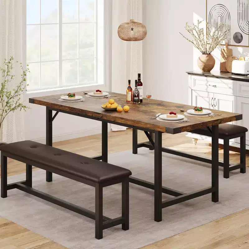 Brown Farmhouse Dining Table Set  4-6 Seater Drop Leaf Table with 2 Upholstered Benches, Sturdy for Dining Room, Kitchen & Apartment