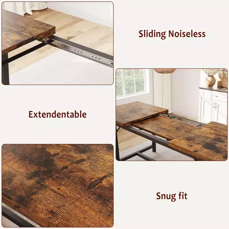 Ensemble table de salle à manger marron style ferme, table à rallonges 4-6 places avec 2 bancs rembourrés, robuste pour salle à manger, cuisine et appartement