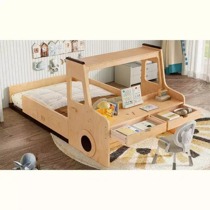 JVNOXK Lit superposé amusant en forme de voiture pour enfants avec tiroirs de rangement, fenêtres et bureau fabriqué à partir de matériaux naturels de première qualité Naturel