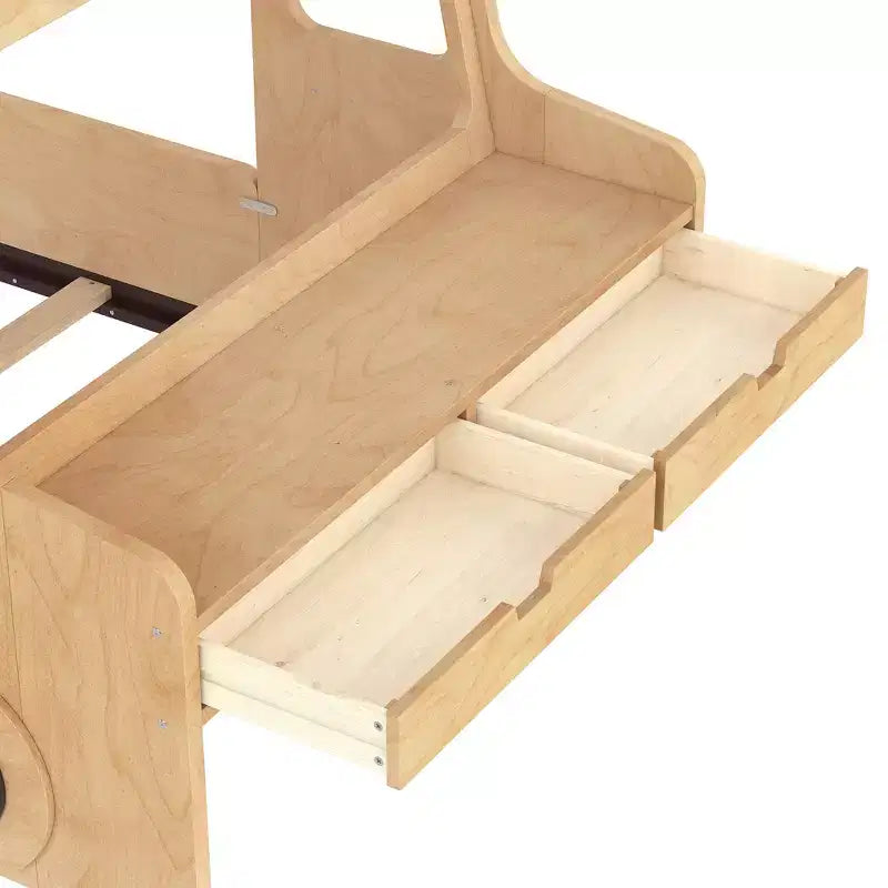 JVNOXK Lit superposé amusant en forme de voiture pour enfants avec tiroirs de rangement, fenêtres et bureau fabriqué à partir de matériaux naturels de première qualité Naturel