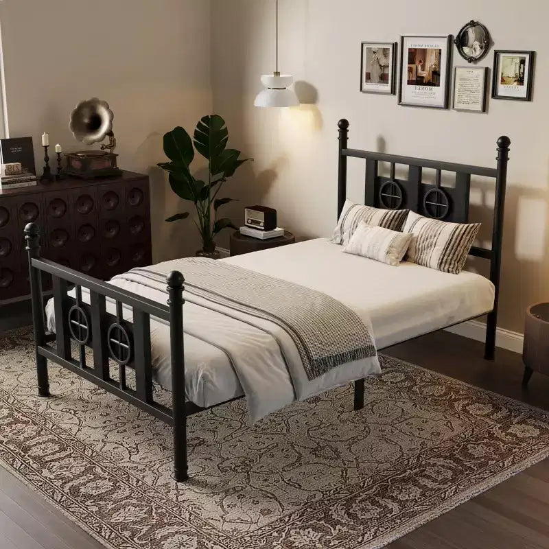 Cadre de lit Acekool industriel en métal, plateforme sans bruit avec rangement sous le lit et design en bois circulaire pour chambre à coucher