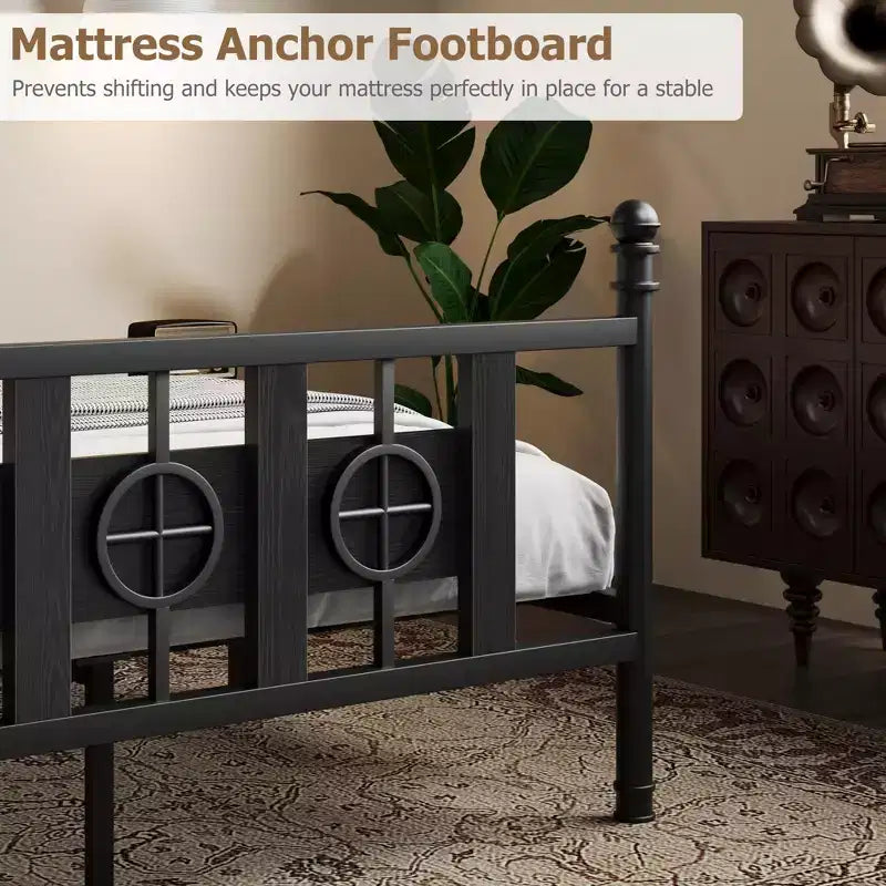 Cadre de lit Acekool industriel en métal, plateforme sans bruit avec rangement sous le lit et design en bois circulaire pour chambre à coucher