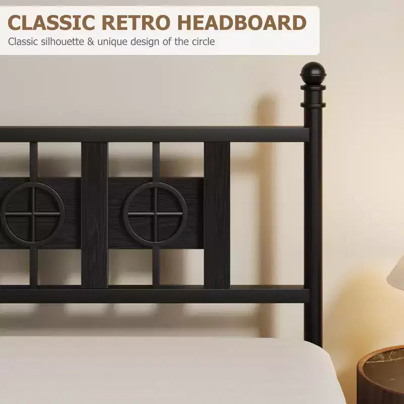 Cadre de lit Acekool industriel en métal, plateforme sans bruit avec rangement sous le lit et design en bois circulaire pour chambre à coucher