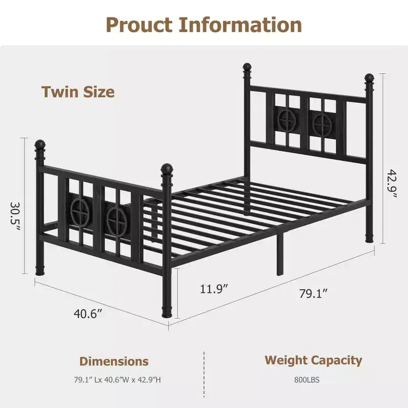 Cadre de lit Acekool industriel en métal, plateforme sans bruit avec rangement sous le lit et design en bois circulaire pour chambre à coucher