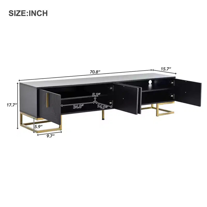 Meuble TV moderne blanc MAYEERTY, meuble console média avec pieds en métal et poignée dorée pour téléviseurs de 80 pouces