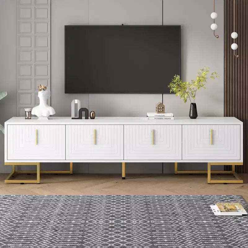 Meuble TV moderne blanc MAYEERTY, meuble console média avec pieds en métal et poignée dorée pour téléviseurs de 80 pouces