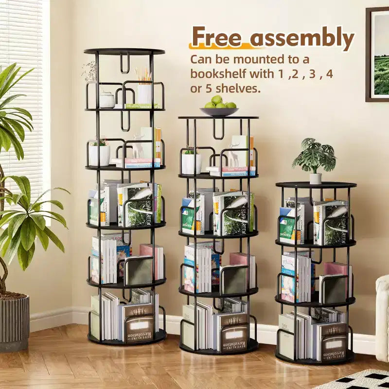 VIYET 62 Bibliothèque tournante à 5 niveaux 360°, MDF noir + fer, étagère étroite et haute (organisateur de rangement peu encombrant)