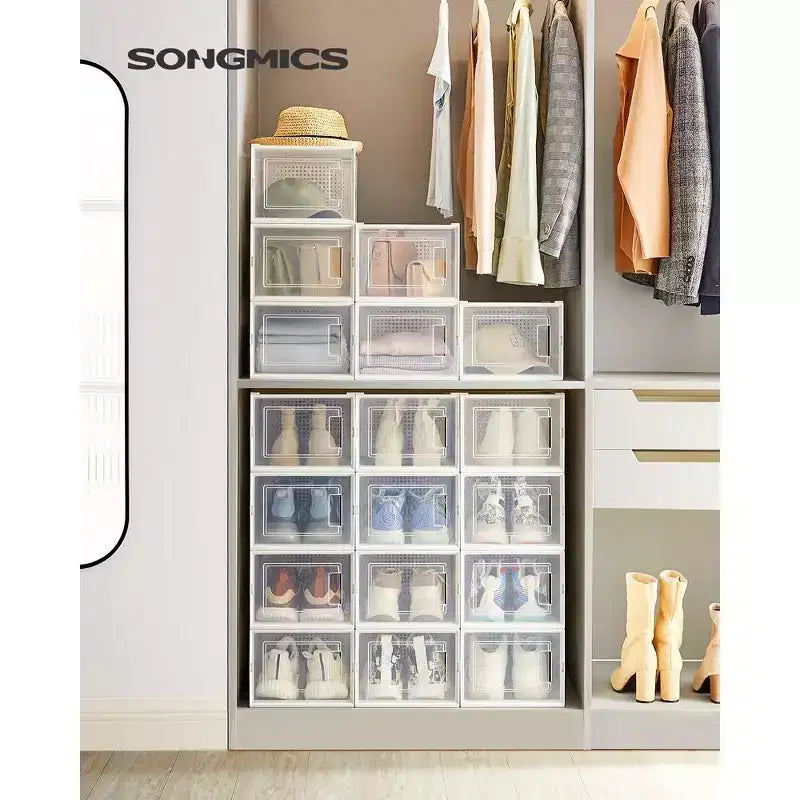 SONGMICS Lot de 18 boîtes à chaussures, organisateurs de rangement pour chaussures, boîtes en plastique transparent empilables