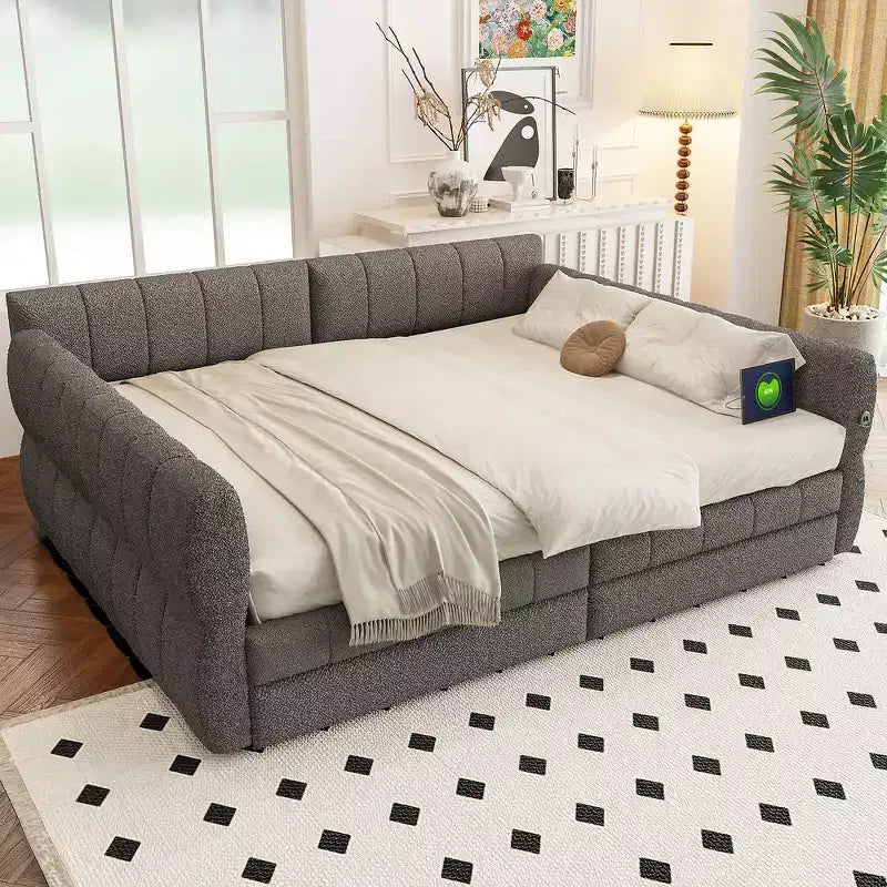 Lit plate-forme capitonné Whisen King Size avec USB et 2 tiroirs