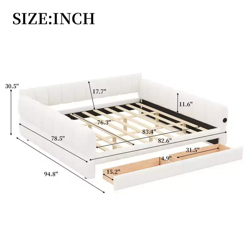 Lit plate-forme capitonné Whisen King Size avec USB et 2 tiroirs