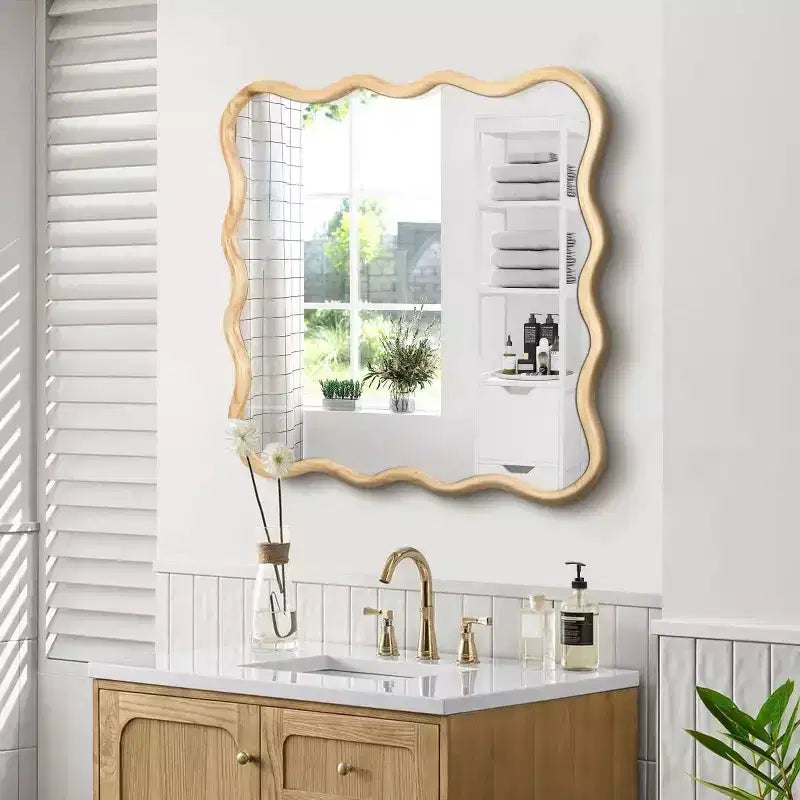 Miroir mural ondulé carré de 36 po, Miroir décoratif moderne en bois massif avec cadre ondulé pour entrée, chambre à coucher - Panipeachy
