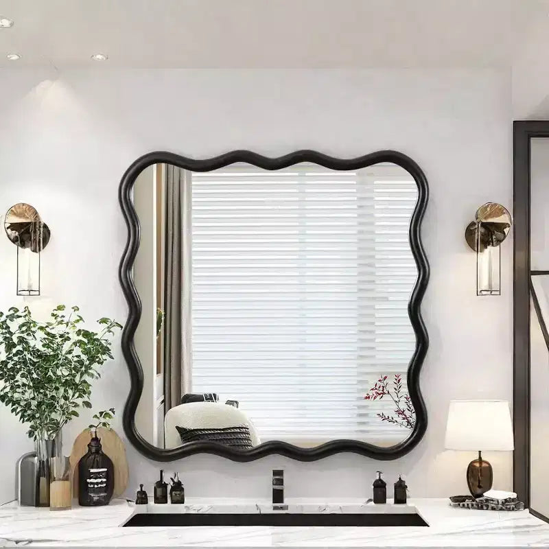 36 Square Wavy Wood Wall Mirror, Modern Squiggle Solid Wood Frame Decorative Mirror for Entryway, Bedroom - Panipeachy