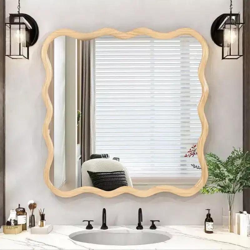Miroir mural ondulé carré de 36 po, Miroir décoratif moderne en bois massif avec cadre ondulé pour entrée, chambre à coucher - Panipeachy