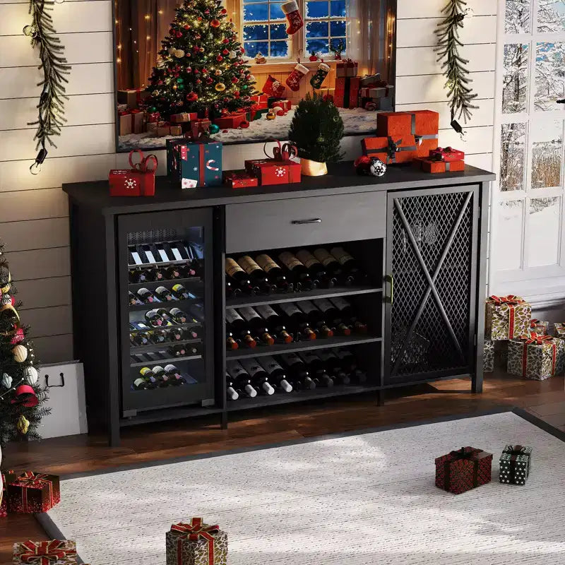 Coffee Bar Cabinet with Fridge Space, Large Wine Liquor Cabinet with Rack, Sideboard Buffet Cabinet w/ Drawer Storage for Kitchen Dining Room, Black
