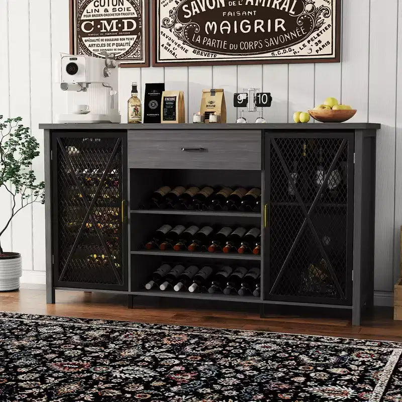 Meuble de bar à café avec emplacement pour réfrigérateur, grand meuble à vin avec étagère, buffet avec tiroirs de rangement pour cuisine et salle à manger, noir