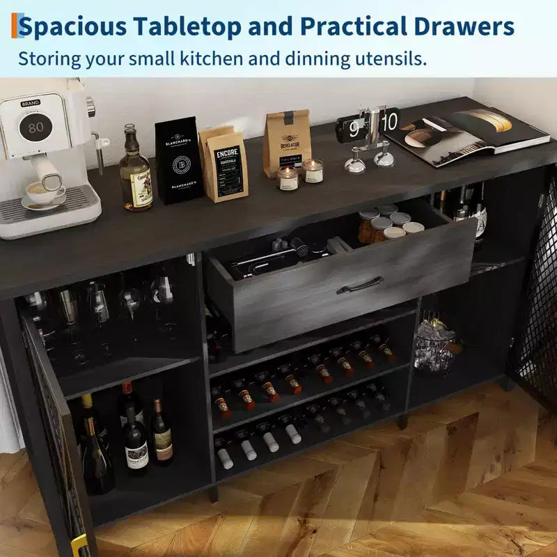 Meuble de bar à café avec emplacement pour réfrigérateur, grand meuble à vin avec étagère, buffet avec tiroirs de rangement pour cuisine et salle à manger, noir