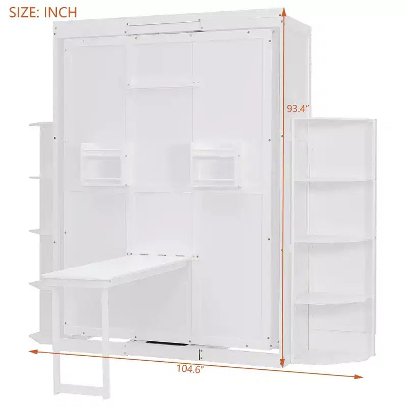 GDFStudio Murray Lit escamotable double avec armoire murale cachée, deux étagères latérales à 3 niveaux, bureau convertible