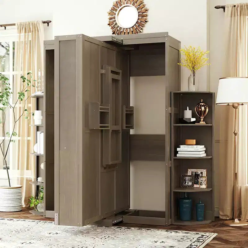 GDFStudio Murray Lit escamotable double avec armoire murale cachée, deux étagères latérales à 3 niveaux, bureau convertible