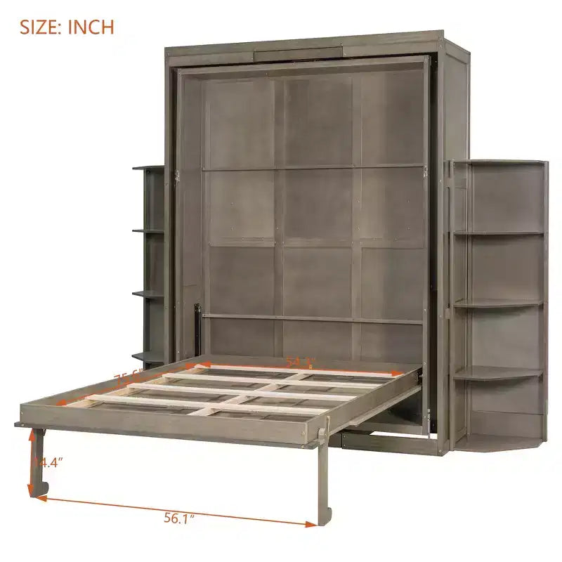 GDFStudio Murray Lit escamotable double avec armoire murale cachée, deux étagères latérales à 3 niveaux, bureau convertible