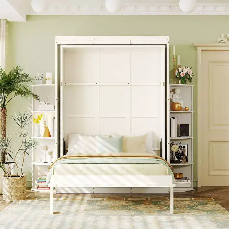 GDFStudio Murray Lit escamotable double avec armoire murale cachée, deux étagères latérales à 3 niveaux, bureau convertible