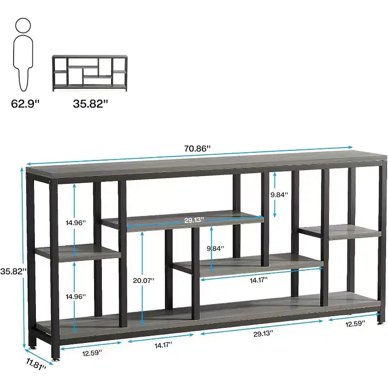 Console Lantine, table d'appoint de 180 cm de long avec étagères de rangement, table d'appoint étroite et moderne à 3 niveaux pour le salon, grise