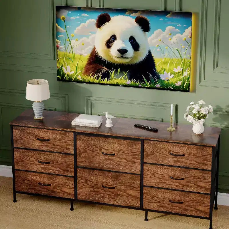 Meuble TV commode en tissu à 8 tiroirs avec plateau en bois, commode de rangement à cadre métallique, grand organisateur de placard pour chambre, salon, couloir