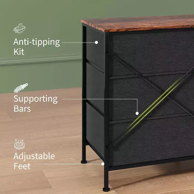 Meuble TV commode en tissu à 8 tiroirs avec plateau en bois, commode de rangement à cadre métallique, grand organisateur de placard pour chambre, salon, couloir