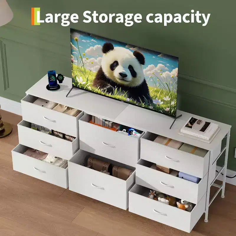 Meuble TV commode en tissu à 8 tiroirs avec plateau en bois, commode de rangement à cadre métallique, grand organisateur de placard pour chambre, salon, couloir