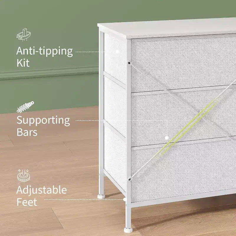 Meuble TV commode en tissu à 8 tiroirs avec plateau en bois, commode de rangement à cadre métallique, grand organisateur de placard pour chambre, salon, couloir
