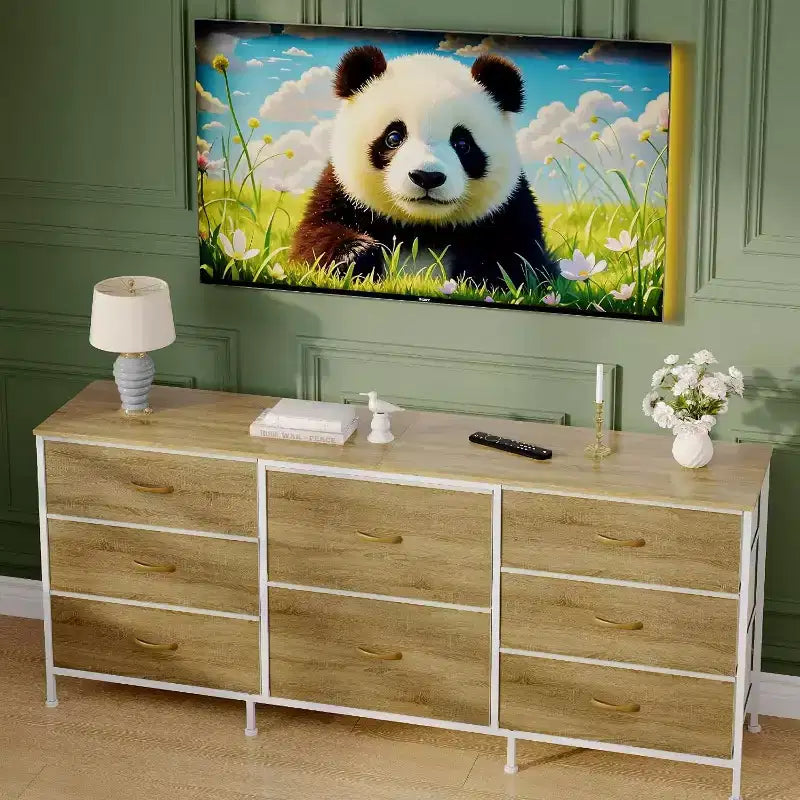 Meuble TV commode en tissu à 8 tiroirs avec plateau en bois, commode de rangement à cadre métallique, grand organisateur de placard pour chambre, salon, couloir