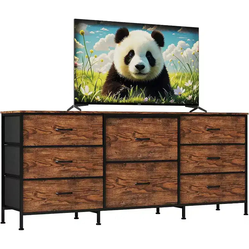 Meuble TV commode en tissu à 8 tiroirs avec plateau en bois, commode de rangement à cadre métallique, grand organisateur de placard pour chambre, salon, couloir