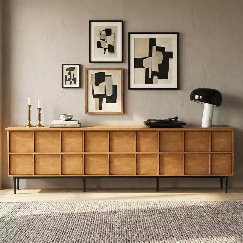 Meuble TV de style moderne du milieu du siècle avec façade à grille de 2,20 m pour téléviseurs jusqu'à 90 pouces – Noyer Gaoyangjiaju