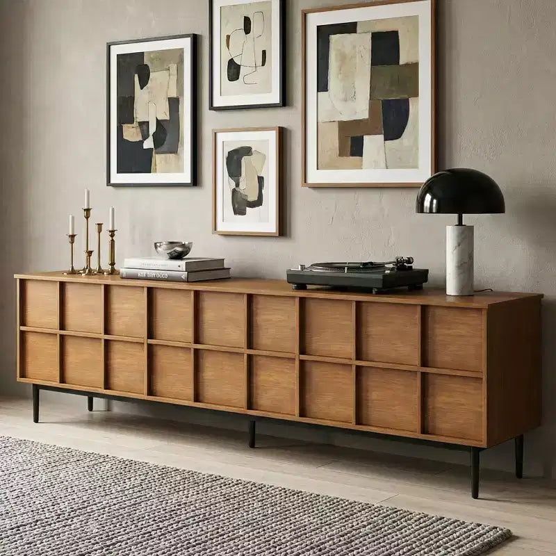 Meuble TV de style moderne du milieu du siècle avec façade à grille de 2,20 m pour téléviseurs jusqu'à 90 pouces – Noyer Gaoyangjiaju