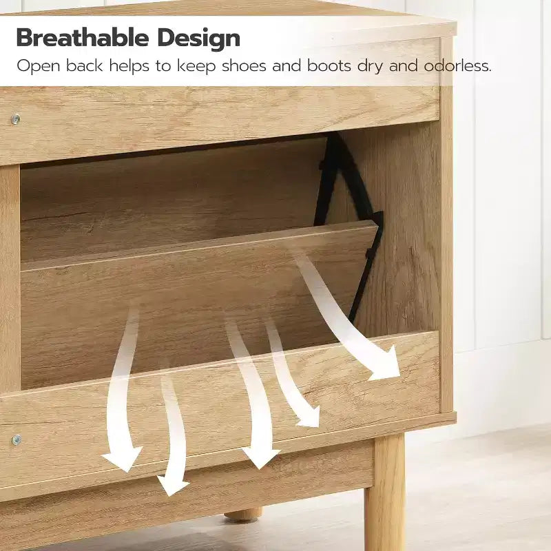 Banc de rangement pour chaussures ACOINEL pour entrée, banc à chaussures étroit aspect rotin avec tiroirs basculants et portes en rotin, organisateur de chaussures en bois naturel