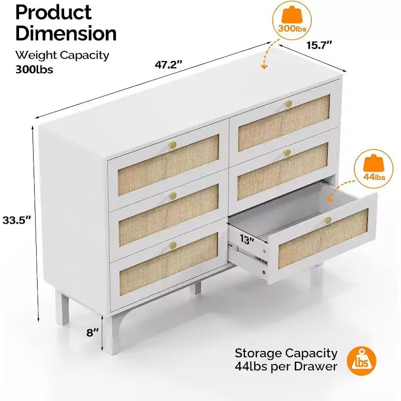 Ensemble commode et tables de chevet en rotin VINGLI 3 pièces, tables de chevet blanches avec station de recharge (lot de 2), commode double à 6 tiroirs