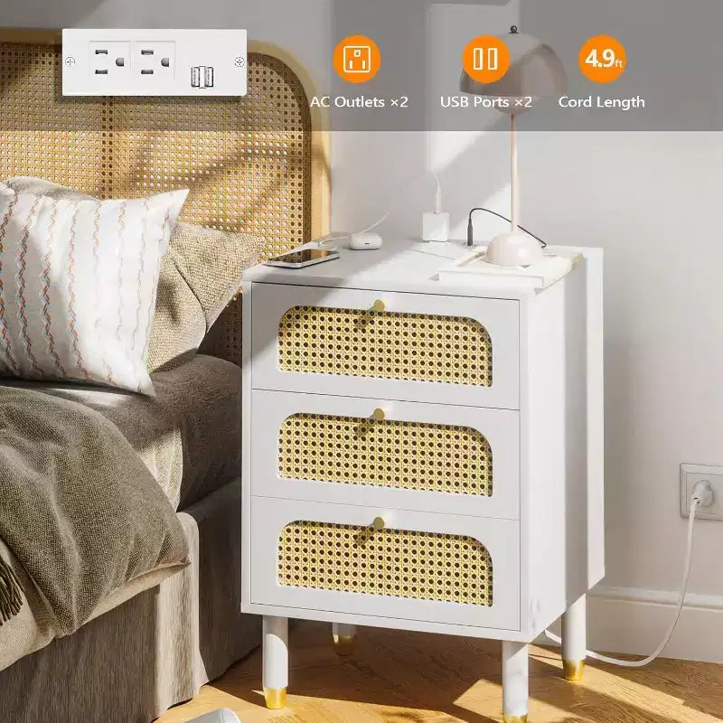 Ensemble commode et tables de chevet en rotin VINGLI 3 pièces, tables de chevet blanches avec station de recharge (lot de 2), commode double à 6 tiroirs