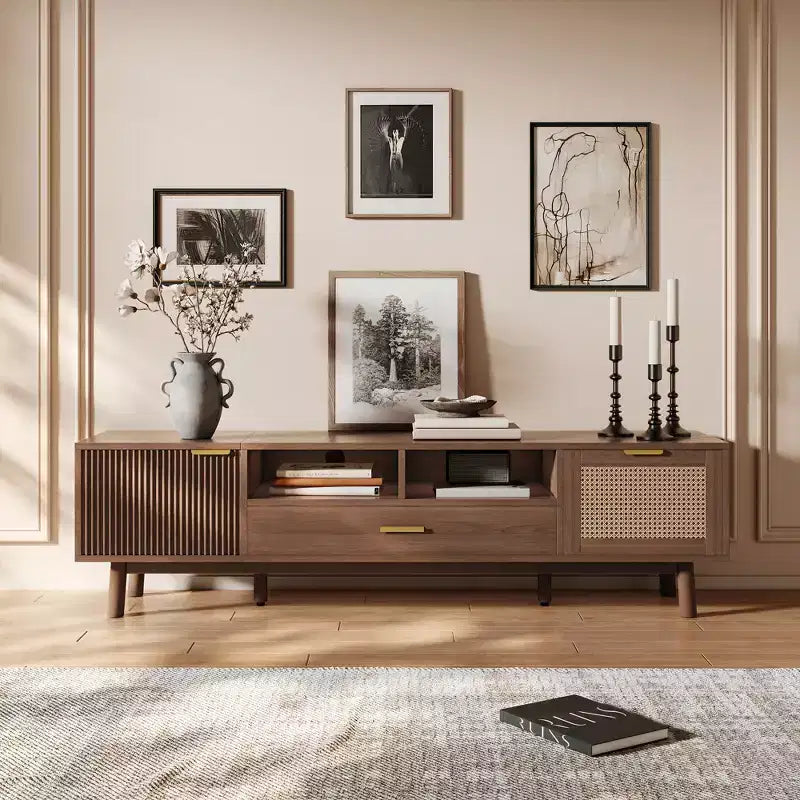 GDFStudio Gael Wood TV Stand with Rattan Weave Drop-Down Door Cabinet & Line Pattern Door