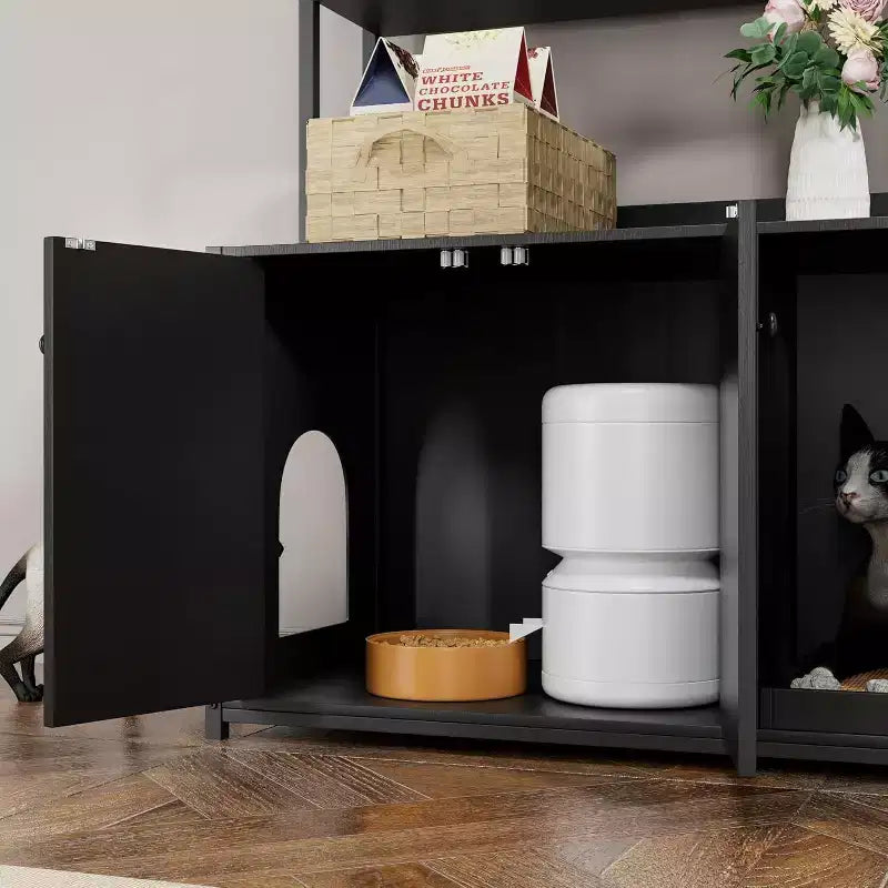 Meuble de litière caché pour chat avec 2 portes et étagères, meuble de toilette pour chat de 132 cm avec griffoir, maison pour animaux en bois pour salon
