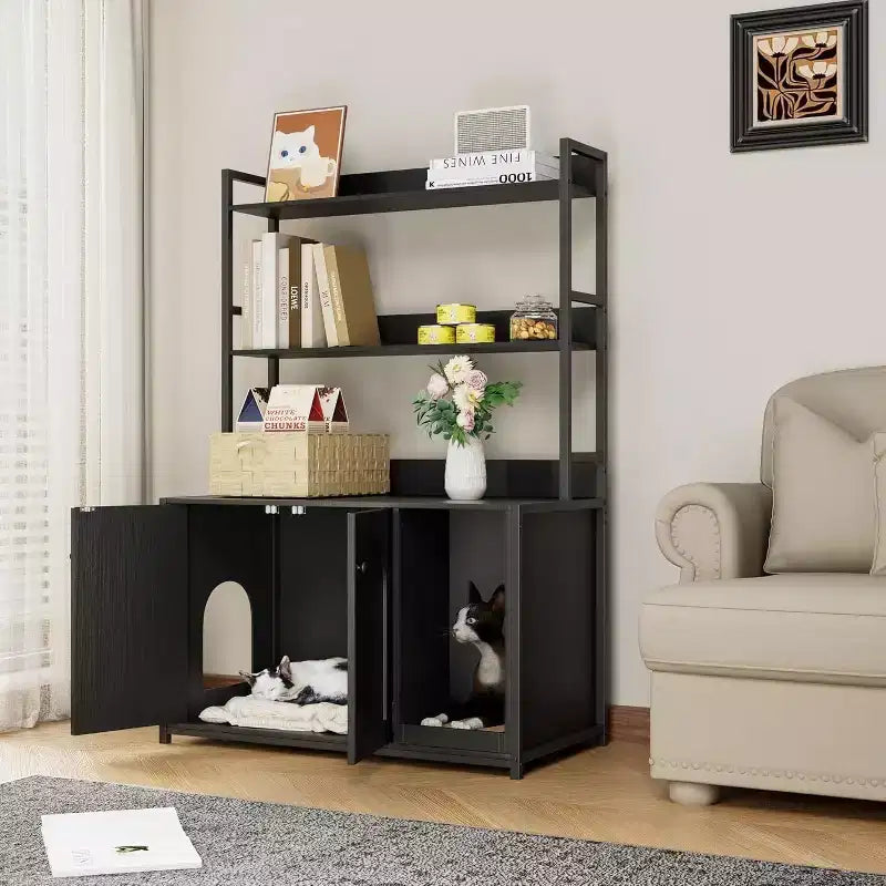 Meuble de litière caché pour chat avec 2 portes et étagères, meuble de toilette pour chat de 132 cm avec griffoir, maison pour animaux en bois pour salon