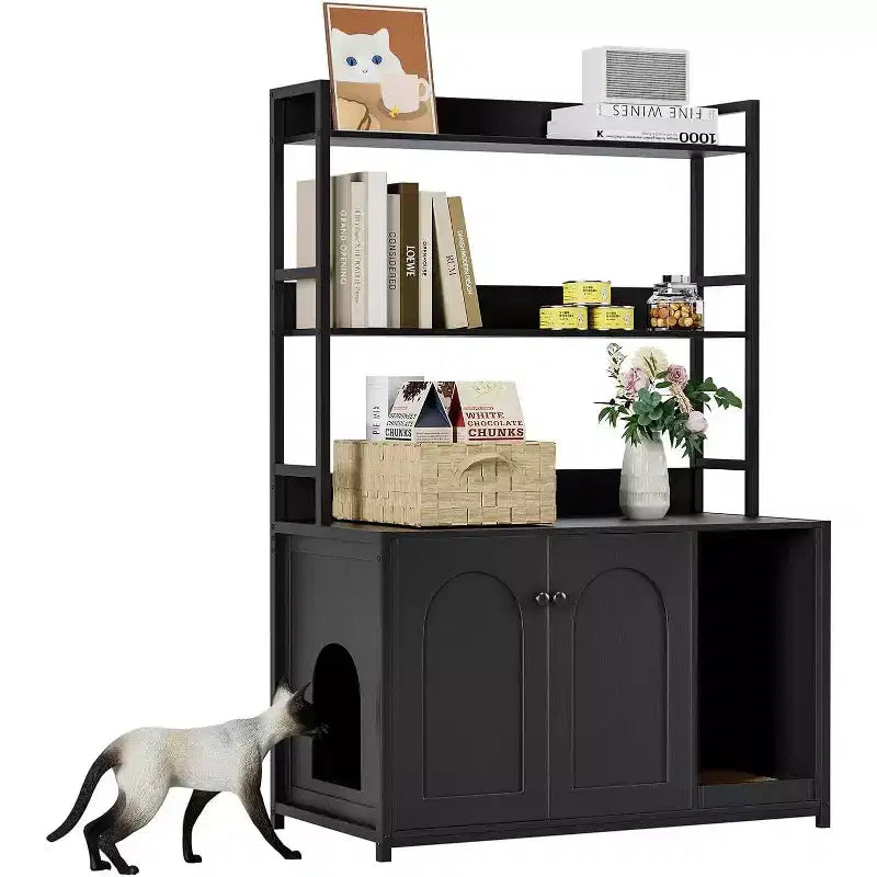 Hidden Cat Litter Box Furniture with 2 Doors & Shelves, 52 Inch Cat Washroom Cabinet with Scratch Pad, Wooden Pet House for Living Room