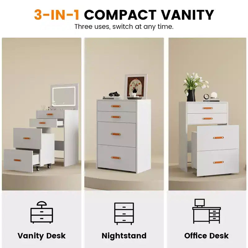 COZONY Petite coiffeuse avec miroir LED, chaise de rangement roulante, coiffeuse compacte 3-en-1 pour chambre à coucher