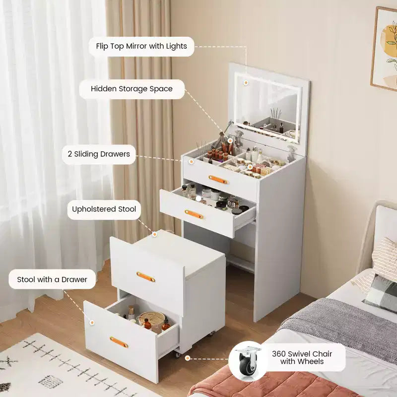 COZONY Petite coiffeuse avec miroir LED, chaise de rangement roulante, coiffeuse compacte 3-en-1 pour chambre à coucher