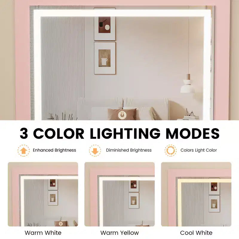 COZONY Petite coiffeuse avec miroir LED, chaise de rangement roulante, coiffeuse compacte 3-en-1 pour chambre à coucher