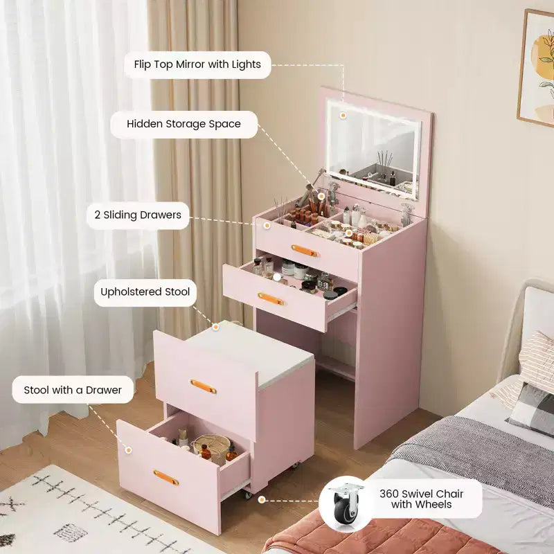 COZONY Petite coiffeuse avec miroir LED, chaise de rangement roulante, coiffeuse compacte 3-en-1 pour chambre à coucher