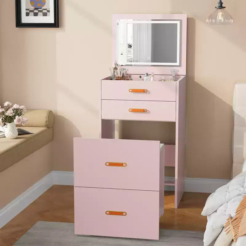 COZONY Petite coiffeuse avec miroir LED, chaise de rangement roulante, coiffeuse compacte 3-en-1 pour chambre à coucher