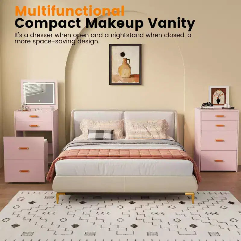 COZONY Petite coiffeuse avec miroir LED, chaise de rangement roulante, coiffeuse compacte 3-en-1 pour chambre à coucher