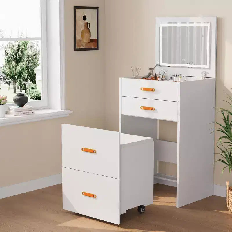 COZONY Petite coiffeuse avec miroir LED, chaise de rangement roulante, coiffeuse compacte 3-en-1 pour chambre à coucher